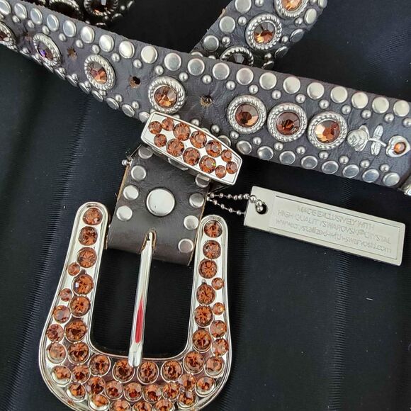 Kippy\'s Belt Chocolate Brown Leather with Amber Swarovski Crystals & Studs 32 x